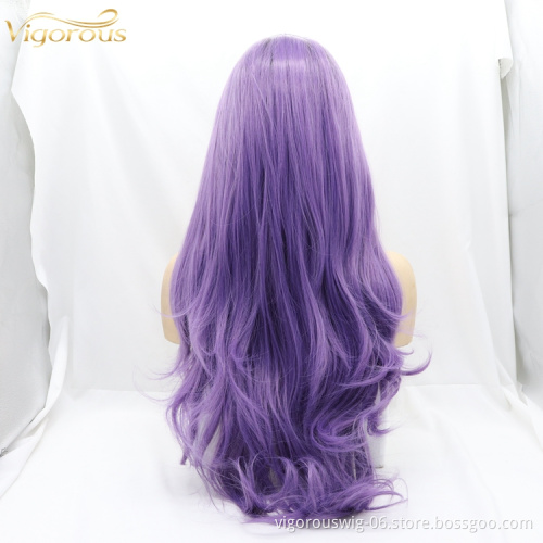 Vigorous long wave half ombre purple cheap curly dropshipping lace front full heat resistant synthetic hair wigs for women